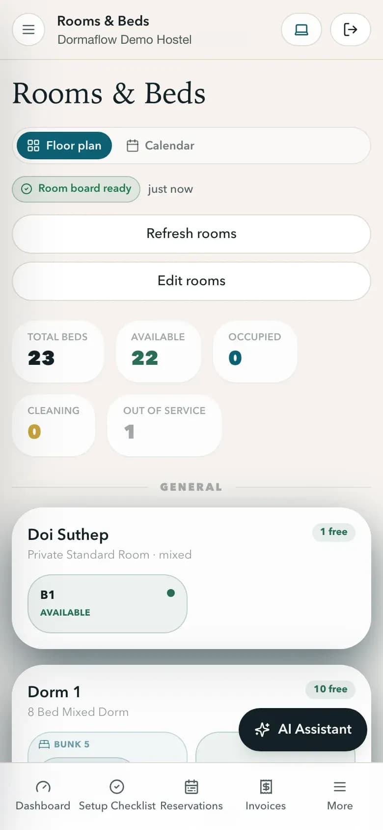 Dormaflow Rooms & Beds: 23 total beds, 22 available and 1 out of service, with a private room and an eight-bed mixed dorm listed