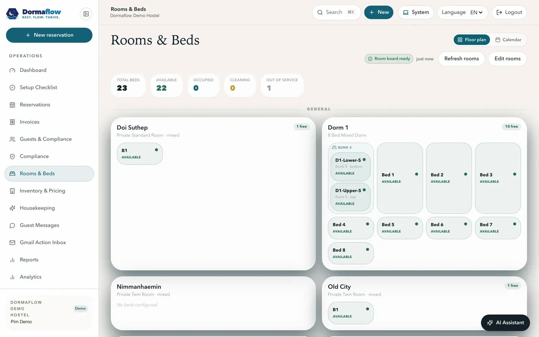 Dormaflow Rooms & Beds board showing a private room and an eight-bed mixed dorm with individual bed status tiles